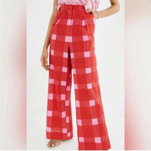 Anthropologie Porridge Red and Pink Wide-Leg Plaid Pants - Picture 1 of 5